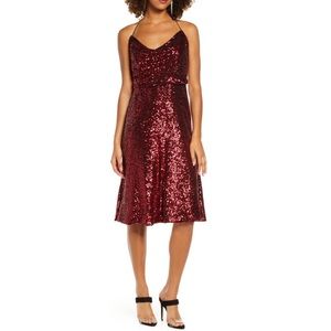Dress The Population Zherra Halter Neck Backless Red Sequins Short Midi Dress